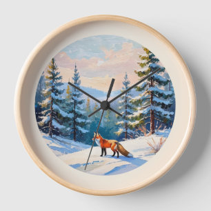 Reloj Elegante Zorro Rojo en Nieve Invernal con Acuarela