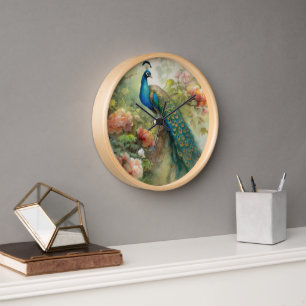 Reloj Elegantes flores azules verdes de pavo real vintag