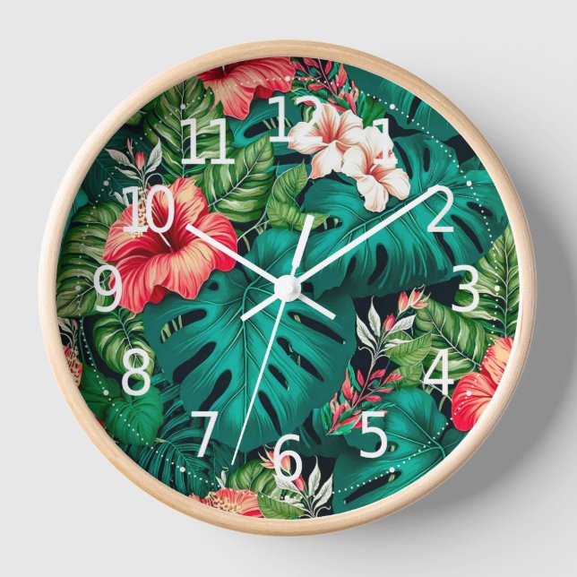 Reloj Elegantes hojas tropicales y flores hibiscus | (Anverso)