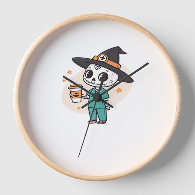 Reloj Enfermera de Halloween con café con brujas Gorra C (Anverso)
