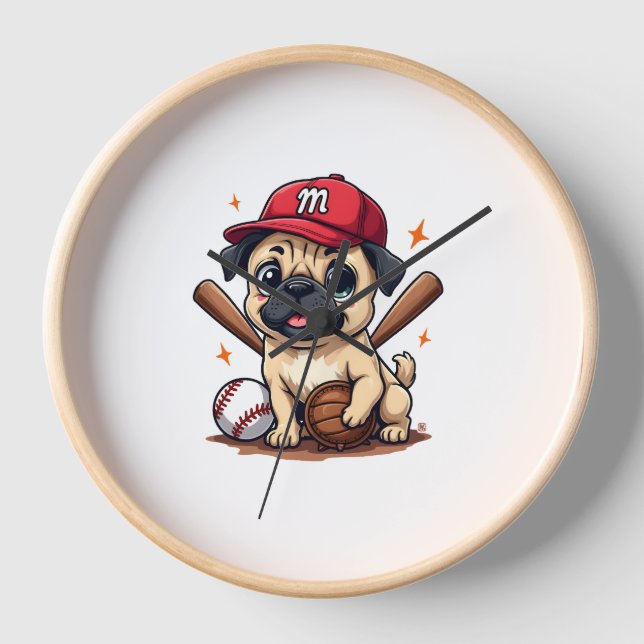Reloj Entrenador del equipo de béisbol Pug Dog Lover Pug (Anverso)