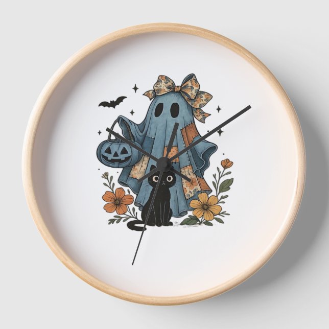 Reloj Esencial T-Sh de gato negro fantasma de Halloween (Anverso)