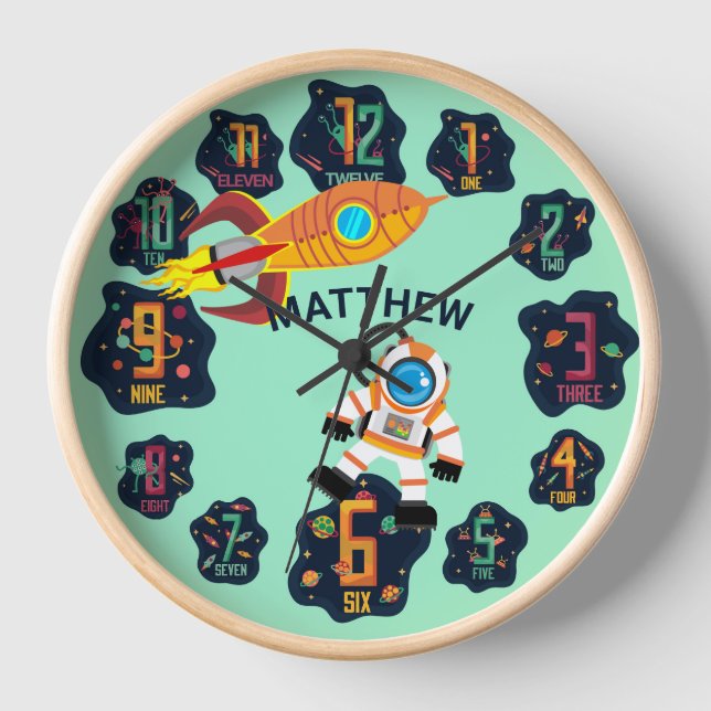 Reloj Espacio Niños Astronauta Cohete Planetas Alien Mur (Anverso)