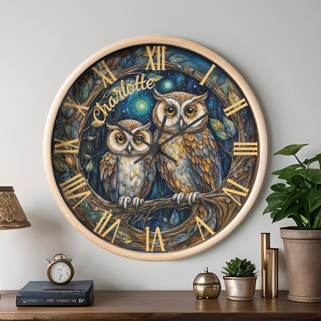 Reloj Espectacular lechuza de la familia Boho Nursery De (Whimsical boho woodland nursery clock with mama owl and owlet personalized in dreamy nature colors)
