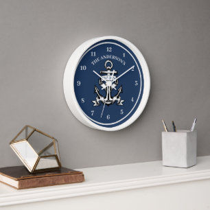 Reloj Estancia Náutica Azul Casa Ancla Nombre de Familia