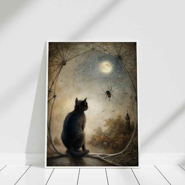 Reloj familiar - impresión de gato negro y pared m (Familiar’s Watch – Black Cat & Magic Wall Print in a white frame.)