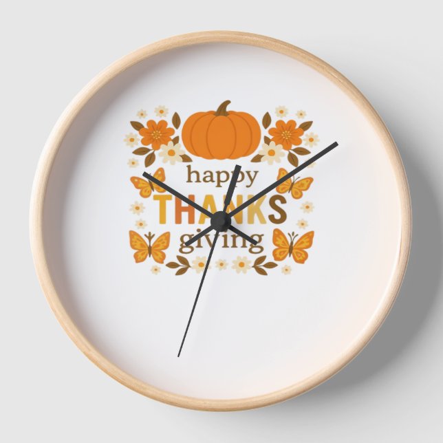 Reloj Feliz Día de Acción de Gracias Calabaza Floral Clá (Anverso)