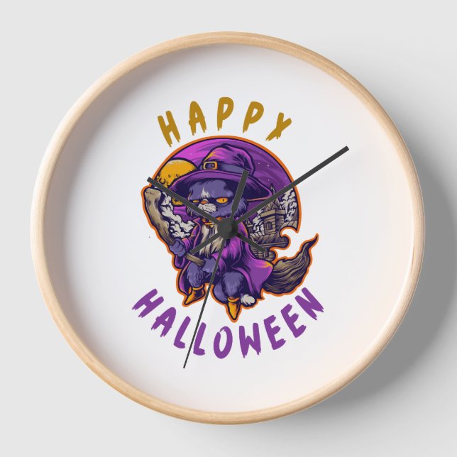 Reloj Feliz Gato de Brujas de Halloween (Anverso)