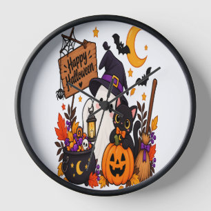 Reloj Feliz Halloween Fantasma y Gato Negro Calabaza