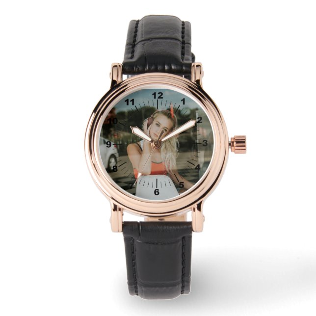 Reloj femenino - Cuero negro cuadrado personalizad (Anverso)