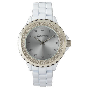 Reloj femenino de esmalte blanco con dial metálico