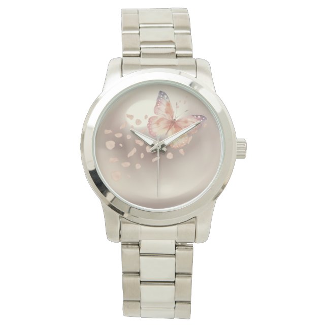 Reloj femenino, mariposa, flores y fondo perla (Anverso)
