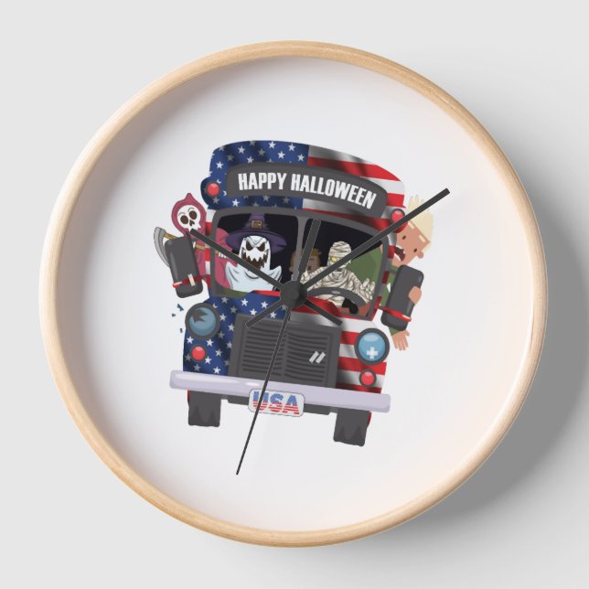 Reloj fiesta de camisetas de autobús feliz de halloween (Anverso)