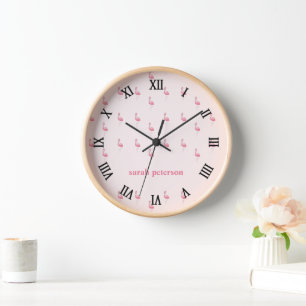 Reloj Flamingo rosa lindo nombre personalizado rosa