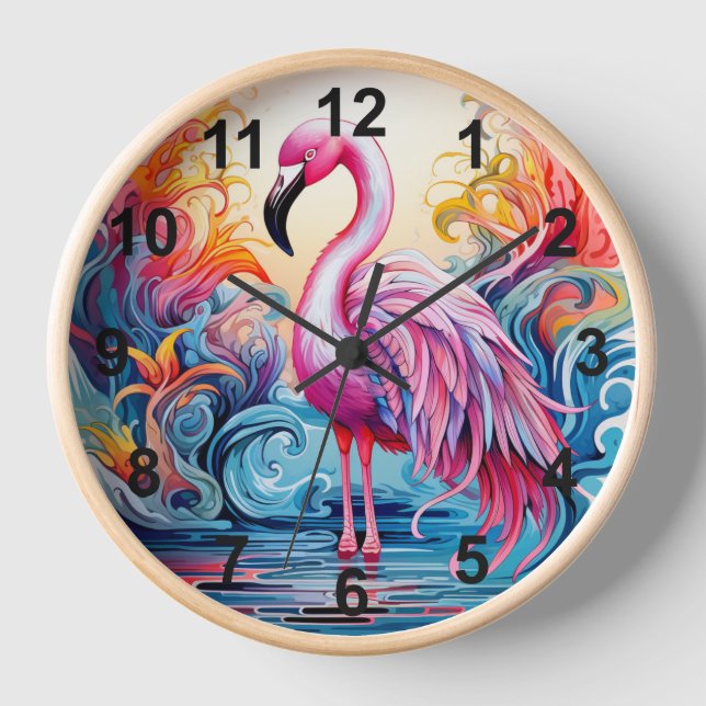 Reloj Flamingo rosa tropical colorido moderno (Anverso)