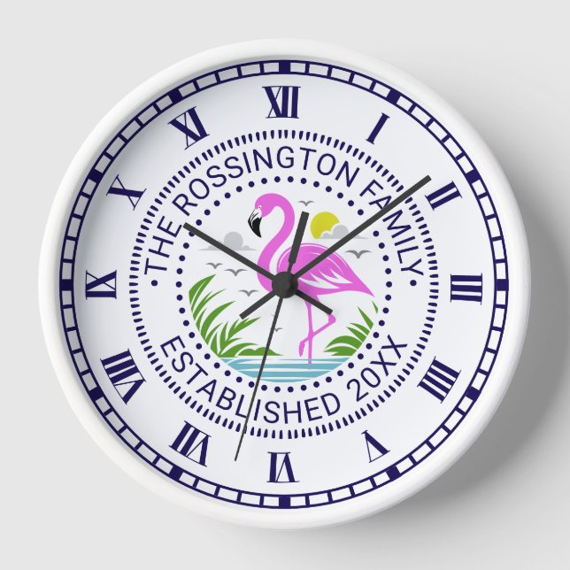 Reloj Flamingo rosado en agua Nombre de familia Fecha Es (Anverso)
