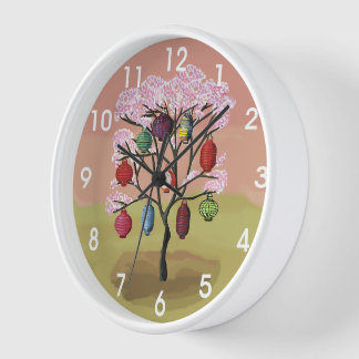 Reloj Flauta de cerezo con lámparas orientales de papel
