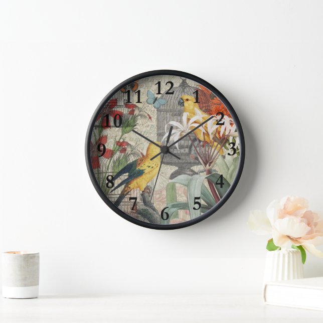 Reloj Flor de época tropical dorada de loro (Hogar)