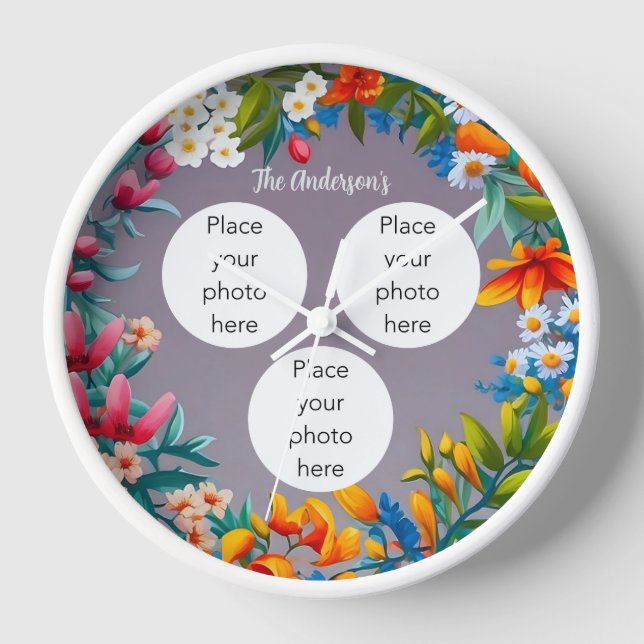 Reloj Flor de tres personalizables de foto y nombre (Anverso)