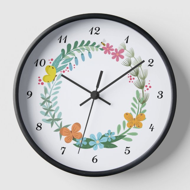 Reloj Flor Flor Flor Flor Mariposa Bee Wreath Garland (Anverso)