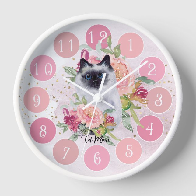 Reloj Flor rosa de gato chiflado de Siamés (Anverso)