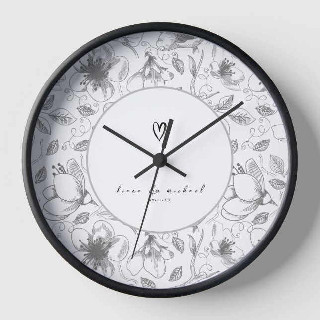 Reloj Floral de caligrafía de amor con nombres borde de  (Anverso)