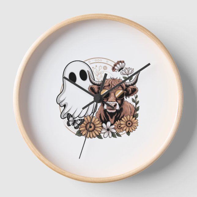 Reloj Floral Fall Highland Cow Ghost (Anverso)