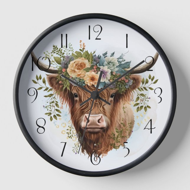 Reloj Floral Highland Cow Watercolor (Anverso)