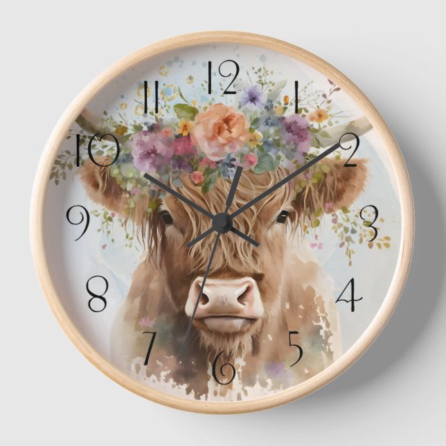 Reloj Floral Highland Cow Watercolor (Anverso)
