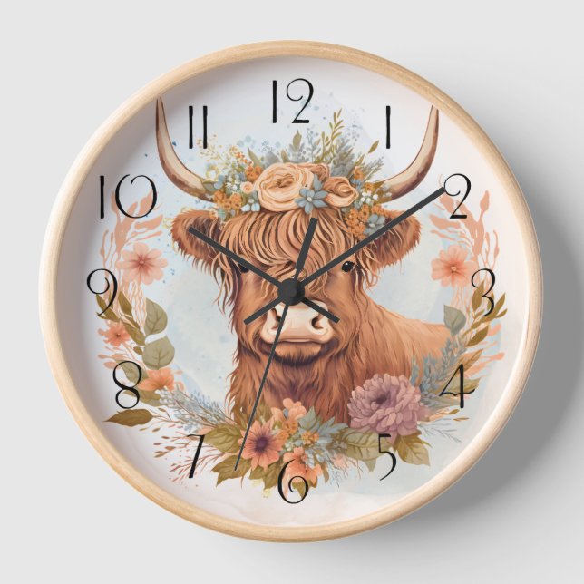 Reloj Floral Highland Cow Watercolor (Anverso)