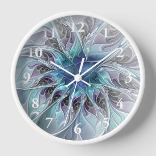 Reloj Florecer Abstracto Moderno Floral Fractal Con Azul