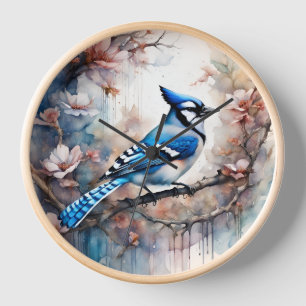 Reloj Flores de cerezo de arrendajo azul acuarela