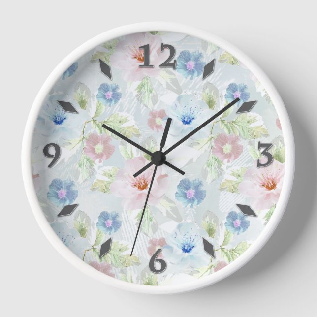 Reloj Flores de color rosa y azul acuático. (Anverso)