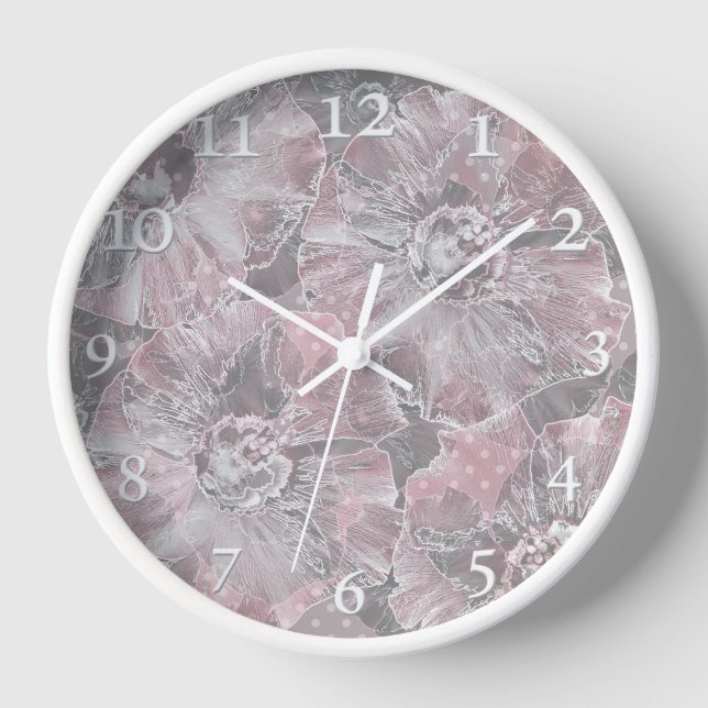 Reloj Flores grandes de estilo gris rosa (Anverso)