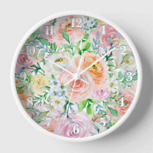 Reloj Flores Rosas acuáticas y hojas verdes