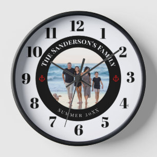 Reloj Foto personalizada Círculo negro con ancla roja