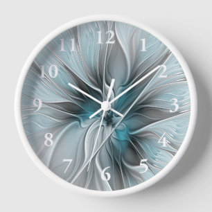 Reloj Fractal Floral Moderno Abstracto Flor Azul Gris