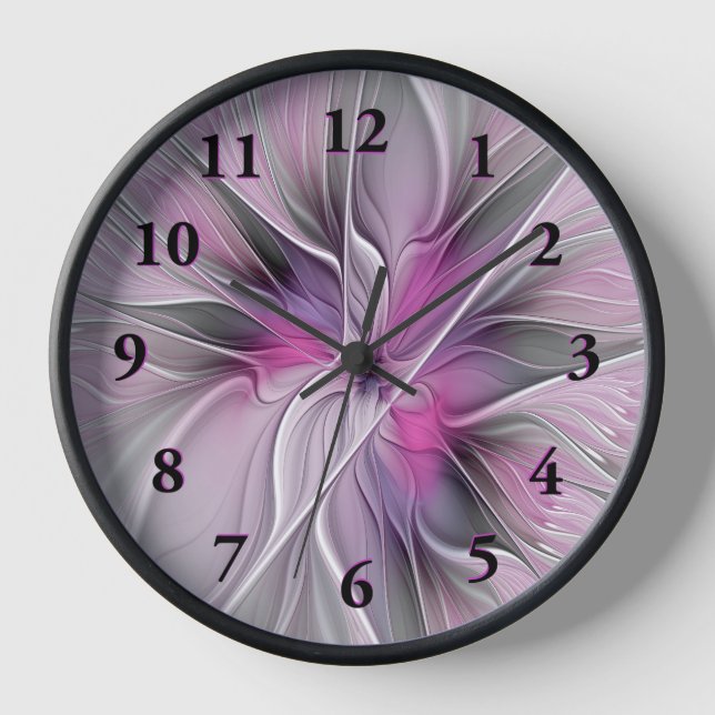Reloj Fractal Floral Moderno Abstracto Flor Rosa Gris (Anverso)