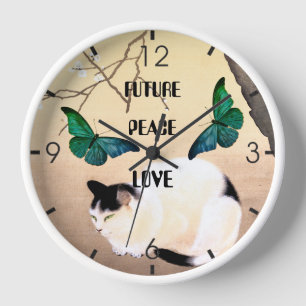 Reloj Futuro, paz, amor con gato y mariposas