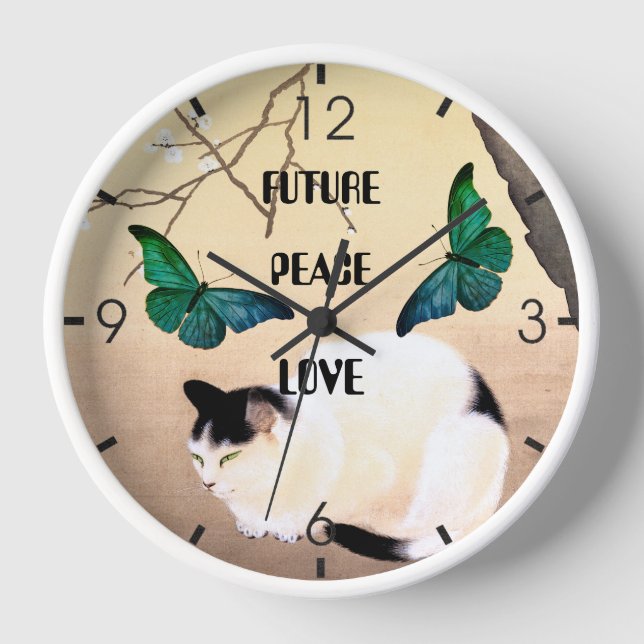 Reloj Futuro, paz, amor con gato y mariposas (Anverso)