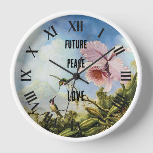Reloj Futuro, paz, amor, orquídeas y colibríes en azul