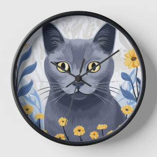Reloj Gato Azul Ruso Flores Amarillas