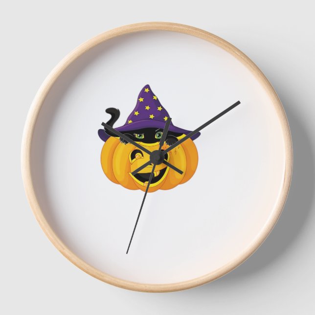 Reloj Gato de Halloween en calabaza - Cuidado gatito neg (Anverso)