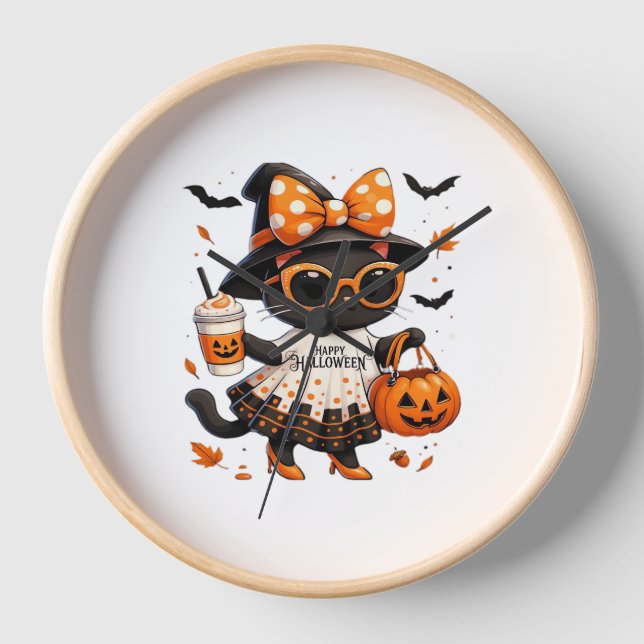 Reloj Gato de Halloween Kawaii - Gato de bruja con calab (Anverso)