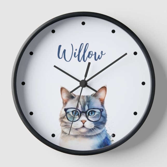 Reloj Gato de tabla gris acuarela personalizado (Anverso)