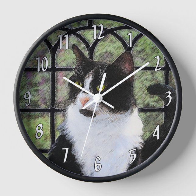 Reloj Gato de Tuxedo en la ventana Pintura de arte anima (Anverso)