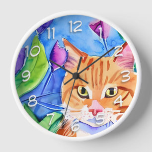Reloj Gato naranja en acuarela linda