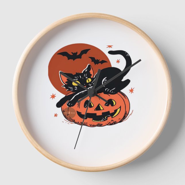 Reloj Gato negro, camiseta clásica de Halloween nostálgi (Anverso)