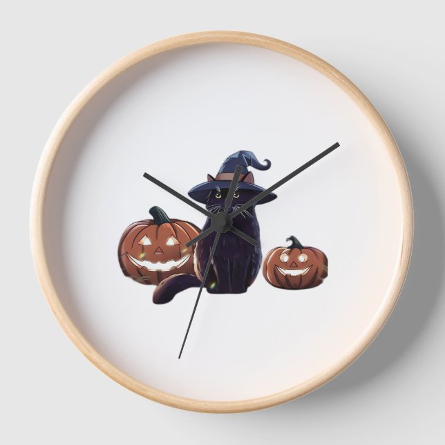 Reloj Gato negro de Halloween camiseta sobredimensionada (Anverso)