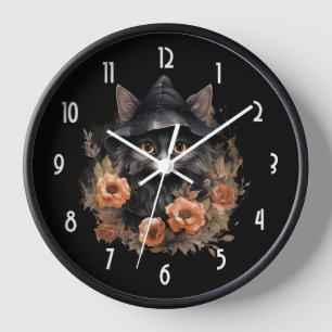 Reloj Gato negro lindo en un sombrero de bruja